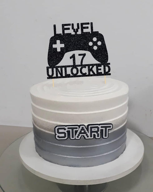 Video Game Cake Topper Level 17 Unlocked, Game Controller Decoration for 17th Birthday Party