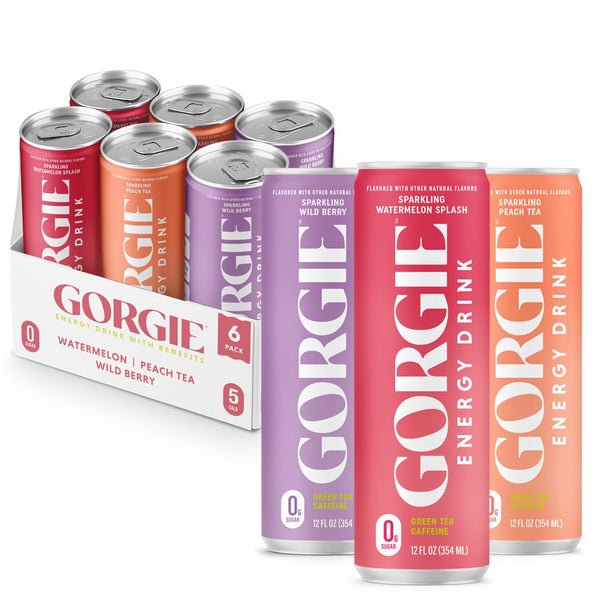 GORGIE Sugar Free Natural Energy Drinks, Sparkling Original Variety Pack (6 Cans)