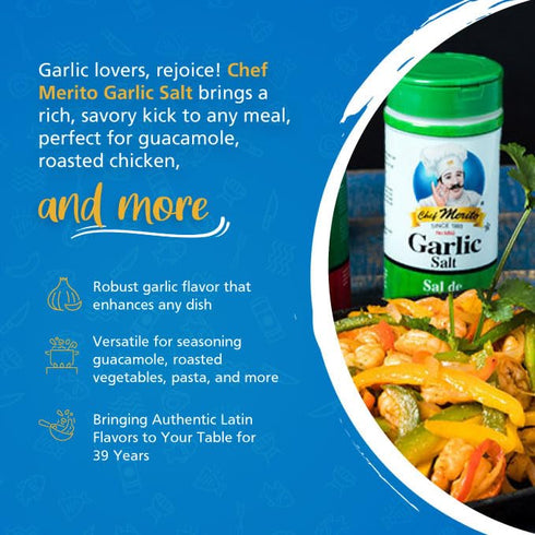 4.5 oz 1985 Chef Merito Garlic Salt | Premium Garlic & Sea Salt Blend | No MSG | Perfect for Seasoning & Cooking |
