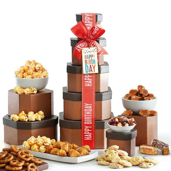 Birthday Gift Basket Tower for Women, Him, Gourmet Snacks & Sweets Food