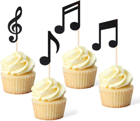 Fansoftiks 36Pcs Black Glitter Musical Notes Cupcake Toppers,Rock Music and Birthday Party Decorations,Cake