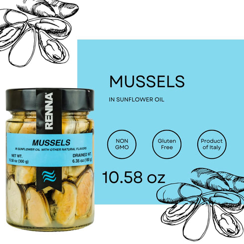 10.58 oz, (Pack 2) Renna, Succulent Mussels in Sunflower Oil, Product of Italy, Experience the Taste of the