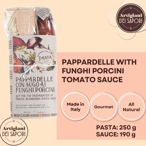 Set, Packaging, Pasta Gourmet Gift Pappardelle Pasta with Porcini Mushrooms Sauce in Deluxe homemade in South of Italy