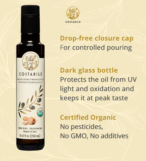 8.45 Oz. Organic White Truffle Oil - Organic Extra Virgin Olive Oil Infused with White Truffle from Italy - Enhance