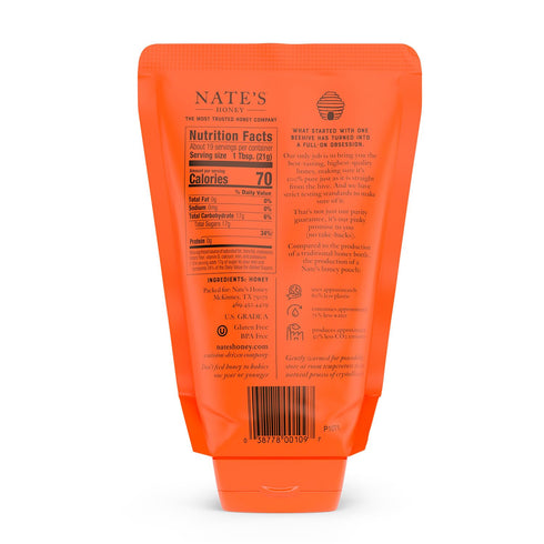 100% 14 Nate's Pure, Raw & Unfiltered Honey, No-Drip Sustainable Squeeze Pouch; Purity Guarantee, No Additives, Ounce