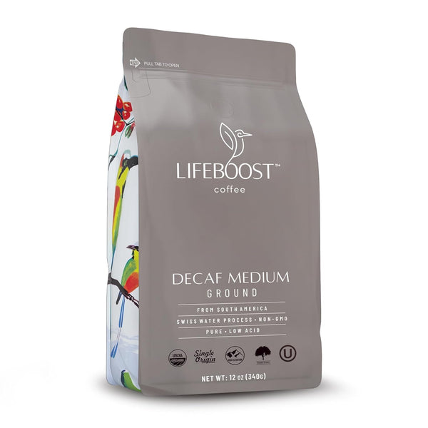 Lifeboost Medium Roast Swiss Water Decaf Coffee Ground - Non-GMO Low Acid