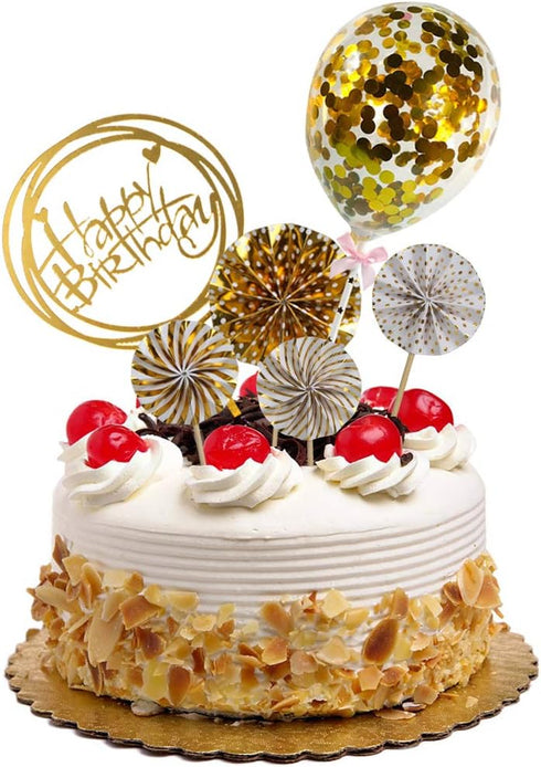 DIYASY Gold Happy Birthday Cake Topper Kit, 6 Pcs Confetti Balloon Paper Fans Acrylic Cake Toppers
