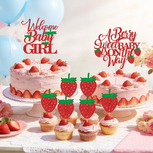 Red Glitter Berry Sweet Baby is on the Way Cake Topper - Strawberry Fruit Theme for Baby Shower & Gender Reveal