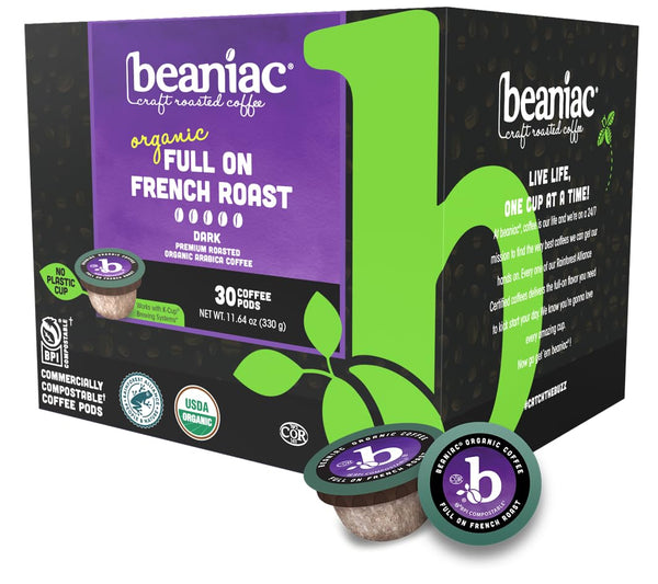 beaniac Organic Full On French Roast, Dark Roast, Single Serve Compostable K