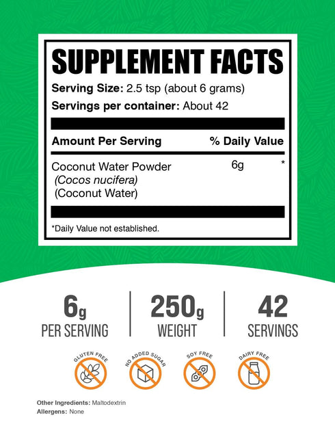 6g 250g (8.8 oz) (Pack 1) BulkSupplements.com Coconut Water Powder - Electrolyte Supplement, Water Flavoring & Enhancer