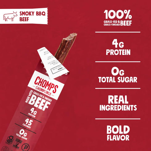 0.5oz 24-Pack Whole30, 4g Chomps Snack Size Grass-Fed and Finished Smoky BBQ Beef Jerky Snack Sticks - Keto, Paleo
