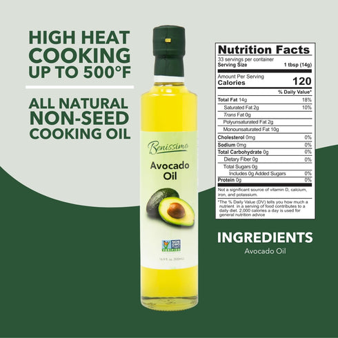 100% 500ml Benissimo Pure Avocado Oil, Glass Bottle, Allergen-Free and Non-GMO, Premium Cold-Pressed Cooking Oil