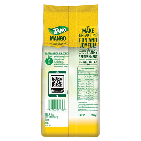 500 (17.6 oz) Tang Mango Instant Drink Mix, grams pouch - India