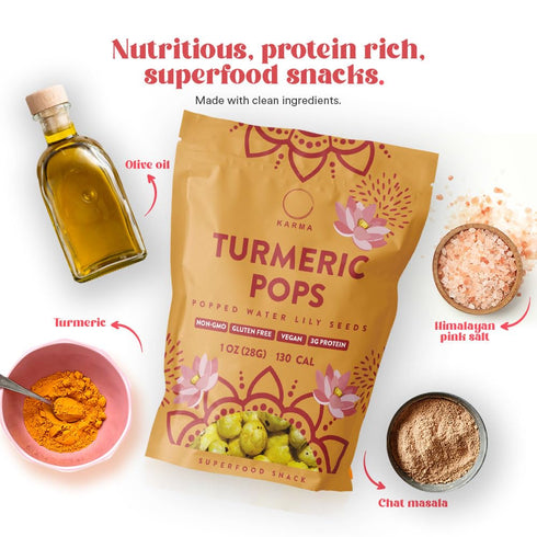1 oz (Pack 12) Karma Turmeric Pops - Popped Water Lily Seeds Gluten-Free, Vegan, Non-GMO - Puffed Lotus Seeds On-the-Go