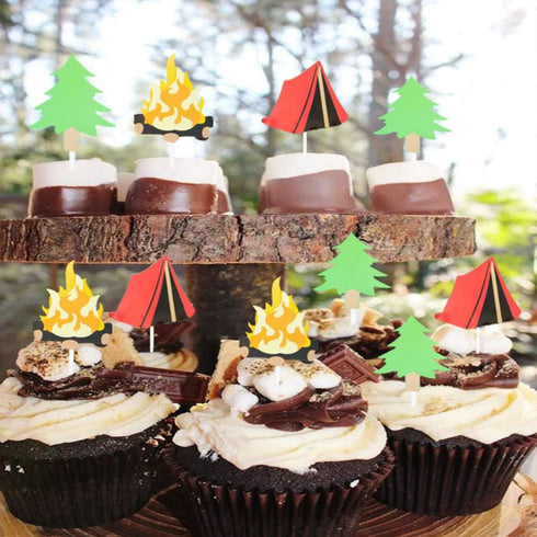 LaVenty Camping Cupcake Toppers - Happy Camper Birthday Party Decor, Woodlands and Lumberjack Party Decor