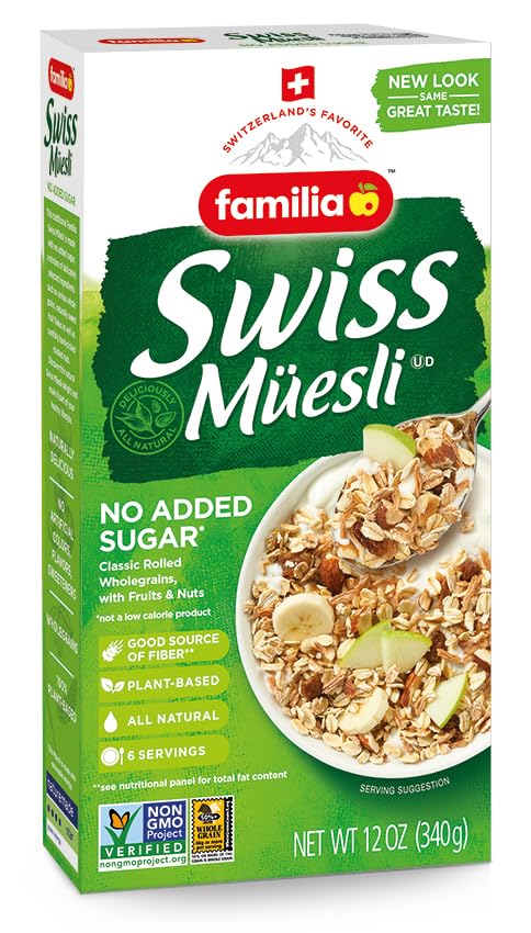 0g Energy-Packed 12 (Pack 2) Familia Swiss Muesli Cereal, Added Sugar, Cereal with Raisins, Hazelnuts and Almonds