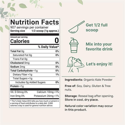 2 907 Sustainably US Grown, Organic Kale Powder, Pounds | Fresh Freeze Dried Source | Nutrient-Dense Greens Superfood |