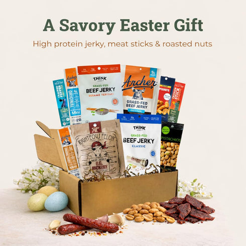 Jerky Easter Basket Prefilled Gift Box with Jerky, Meat Sticks & Nuts, High Protein Snacks for Teens and Adults