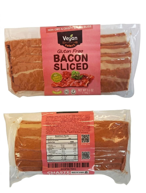 VEGAN SELECT SINCE 1993 5.6 oz Vegan Select Plant-Based Bacon Strips, Rich Smoky Flavor, Non-GMO Soy Protein