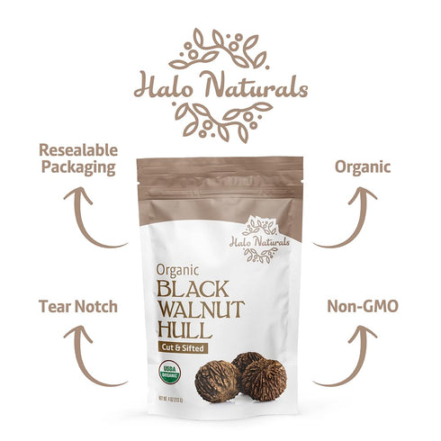 Halo Naturals 4 Packaged Organic Black Walnut Hull Cut & Sifted, Ounces (Juglans nigra) USDA Certified | Resealable