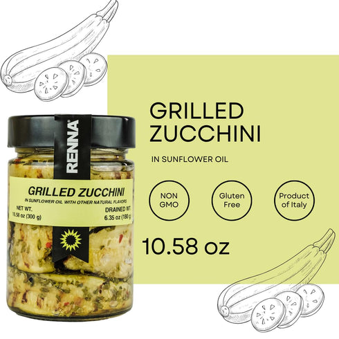 (10.58 oz), Renna, Marinaded Grilled Zucchini in Oil Ready-to eat, Authentic Culinary Excellence from Italy, jarred