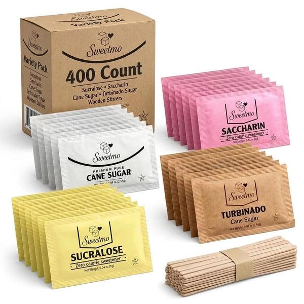 Sweetmo Sugar Packets Variety Pack - Sucralose, Raw Sugar, Saccharin, Cane Sugar with