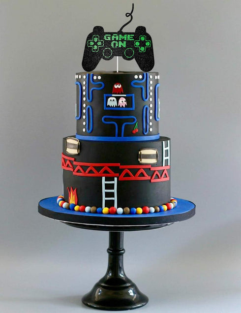 Game On Big Cake Topper - Black and Green Glitter Video Game Controller Cake Decorations for Kids