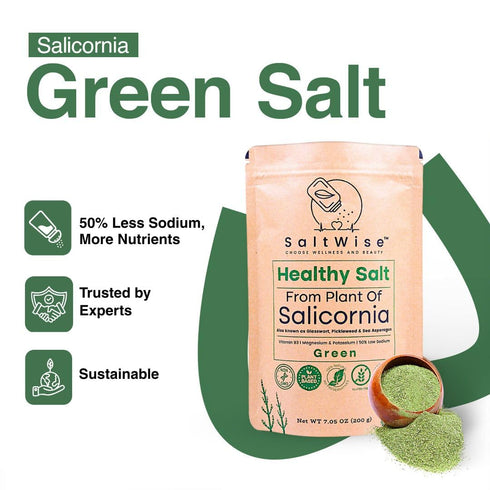 50% 100% (7.05 oz 200g) SaltWise Salicornia Green Salt Less Sodium, Plant-Based Salt Substitute, Dehydrated Salicornia