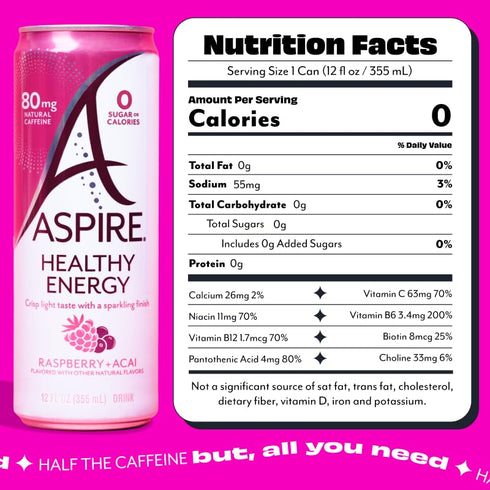 80mg 12 Pack ASPIRE Raspberry Acai, Healthy Energy Drink Natural Caffeine, Zero Sugar No Carbs Keto Friendly, Green Tea
