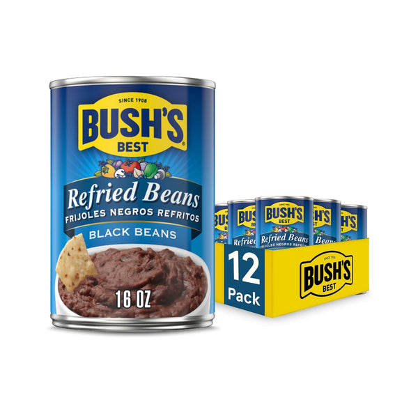 BUSH'S BEST 16 oz Canned Black Refried Beans, Source of Plant Based