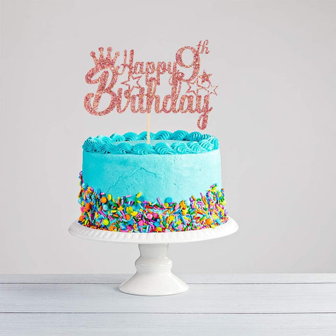 Rose Gold Glitter Happy 9th Birthday Cake Topper - Kids 9th Birthday Anniversary Party Decoration Supplies