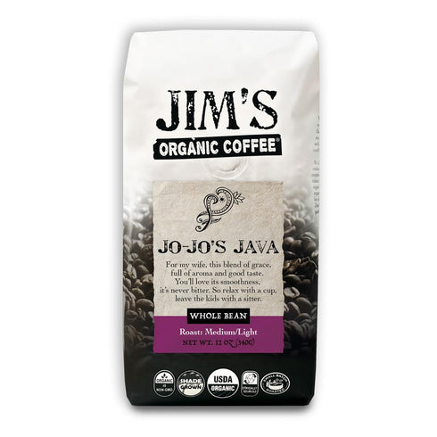Jims Organic Coffee Jo-Jos Java Blend Medium/Light Roast, Whole Bean, 12 oz