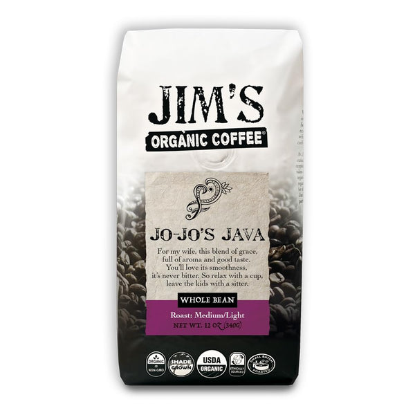 Jims Organic Coffee Jo-Jos Java Blend Medium/Light Roast, Whole Bean, 12 oz