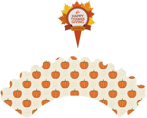 48 Pieces Thanksgiving Cupcake Toppers and Wrappers Kit for Autumn Cake Decoration on Thanksgiving Day