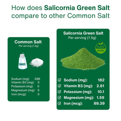 50% 100% (7.05 oz 200g) SaltWise Salicornia Green Salt Less Sodium, Plant-Based Salt Substitute, Dehydrated Salicornia