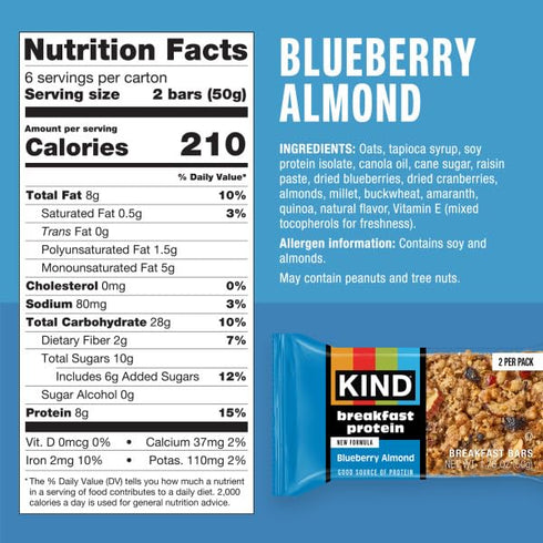 8g 30 Count (30 Packs 2 KIND Breakfast Protein Bars, Blueberry Almond, Gluten Free, Low Sodium, Healthy Snacks
