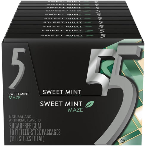 5 15 (Pack 10) Gum Sweet Mint Sugar Free Chewing Gum Bulk, Stick Box