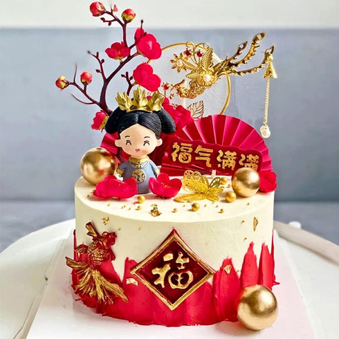 Traditional Chinese Wedding Cake Toppers, Set of 7 with Queen Figurine, Plum Blossom, Phoenix, and Doll Base