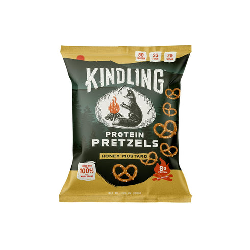 Protein-Packed 8-9g 1-2g 16-Count (1.06oz Kindling Protein Pretzels - Honey Mustard | Snack Size Bags | Kosher |