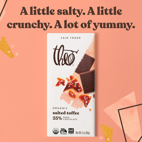 55% 6 Pack Theo Chocolate Salted Toffee Organic Dark Chocolate Bar, Cacao, | Fair Trade