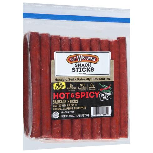28 Package Old Wisconsin Hot & Spicy Sausage Snack Sticks, Naturally Smoked, Ready to Eat, High Protein, Low Carb