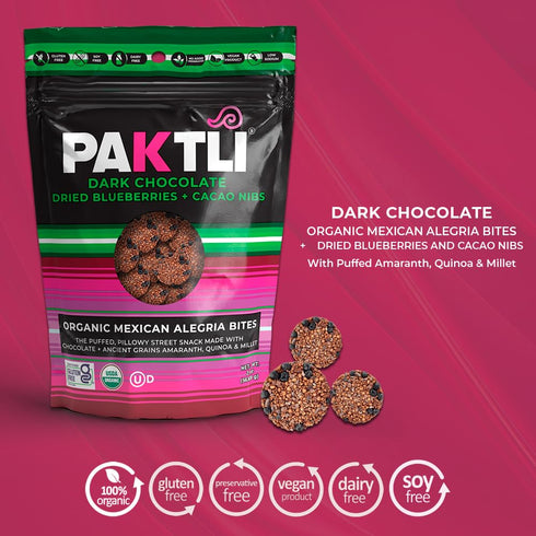 2oz Paktli Organic Alegra Bites Dark Chocolate with Blueberry & Cacao Nibs, Bag, Organic Ancient Grain Snack
