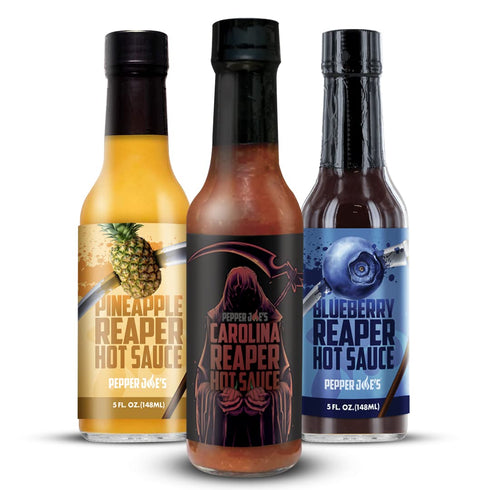 Pepper Joes Carolina Reaper Hot Sauce Variety Pack Our Original, Blueberry, and