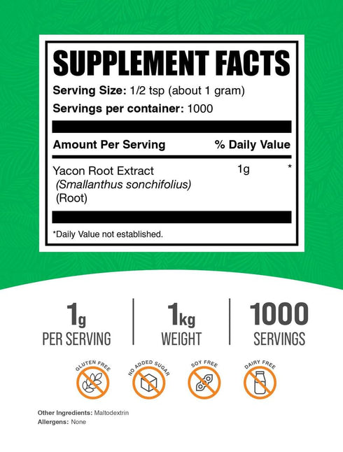 1g 1kg (2.2 lbs) (Pack 1) BulkSupplements.com Yacon Root Extract Powder - Sugar Substitute, Natural Fiber Sweetener