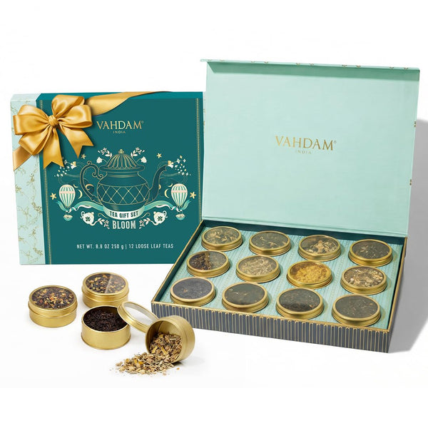 VAHDAM, Bloom - Assorted Tea Gift Set (12 Loose Leaf Tea) Tin