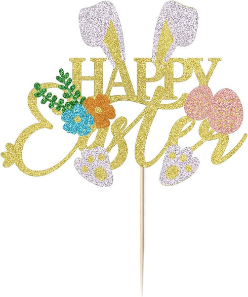 Kaoenla Gold Glitter Happy Easter Cake Topper - Bunny Easter Egg Decor, Spring Floral Easter Party Decorations Supplies