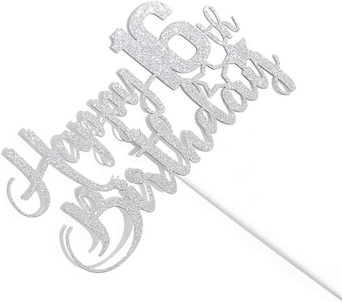 Silver Glitter Happy 16th Birthday Cake Topper - 16th Birthday Party Decoration, 16th Birthday Cake Topper