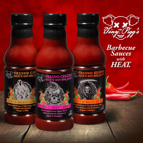 Pack (3 19oz Tony Pigg's Kick'n Hot BBQ Sauce Variety pk, ea- Fresno Reaper, Ghost, Creeper)- Hand Crafted Barbecue