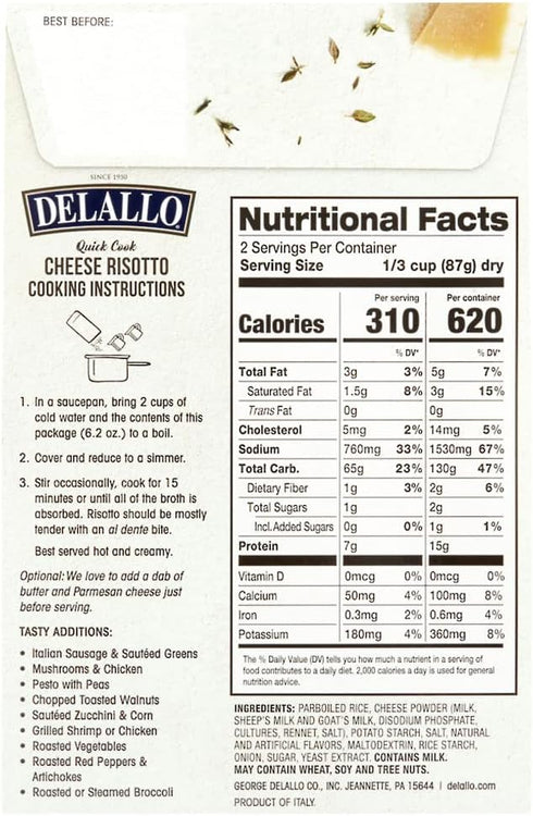 15 (3 Pack) DeLallo Quick Cook Cheese Risotto Rice Mix, Made in Italy, Ready in Minutes, Non-GMO, Authentic Italian