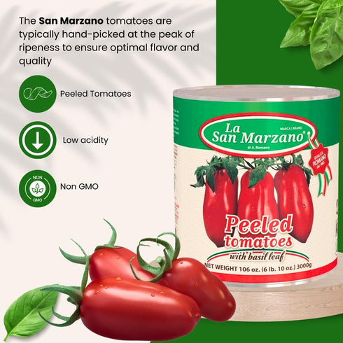 106 oz (#10 100% La San Marzano Large Can, Peeled Plum Tomatoes in Puree with Basil Leaf, Can), Premium Quality